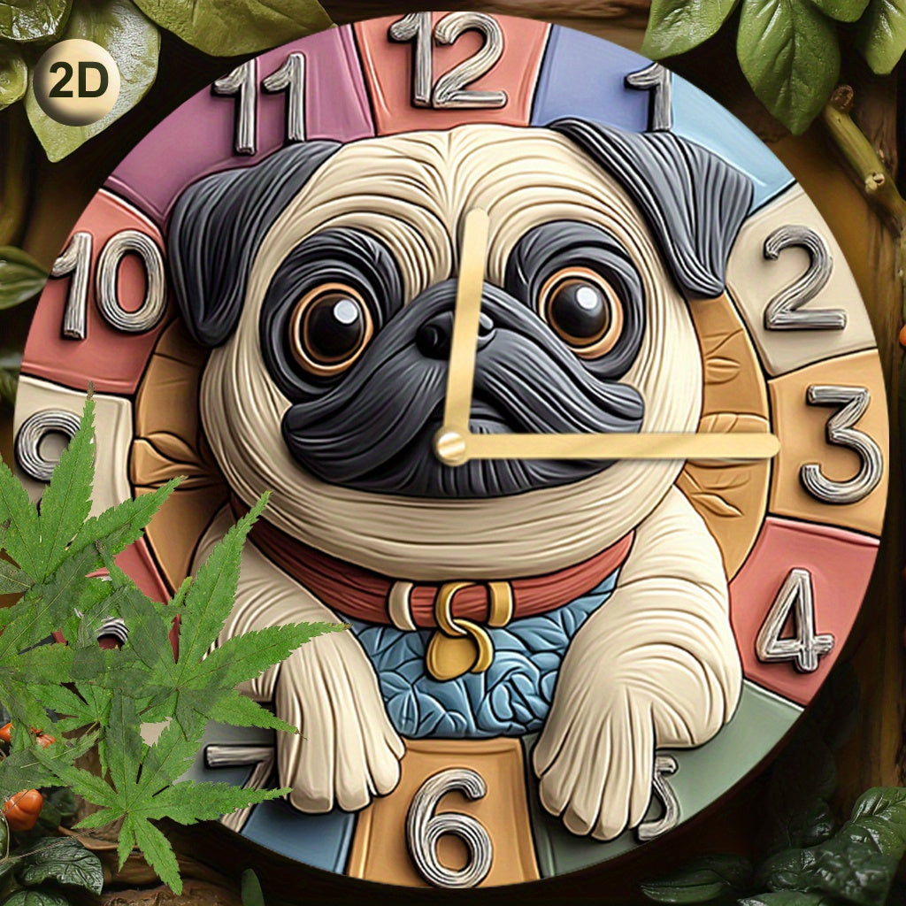 Horloge Murale Silencieuse pour Chien Pug en Forme Ronde Alimentée par Batterie AA Non Incluse pour Maison Gymnase Salle de Bain Jardin Studio Décor